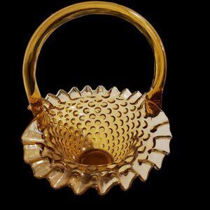 Fenton Amber Glass Hobnail Ruffled Edge Basket Candy Nuts Trinket Dish Vintage